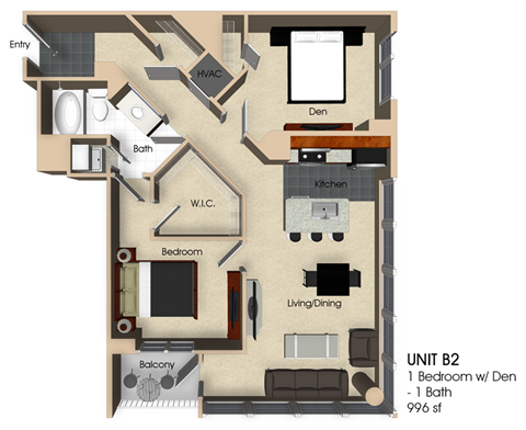 Floor plan for 1 bed, 1 bath, 996 sqft