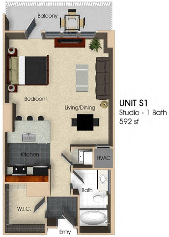 Floor plan for studio, 1 bath, 592 sqft
