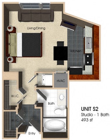 Floor plan for studio, 1 bath, 493 sqft