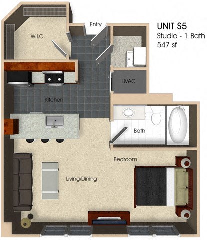Floor plan for studio, 1 bath, 547 sqft