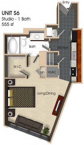 Floor plan for studio, 1 bath, 555 sqft