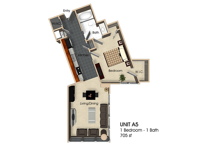 Floor plan for 1 bed, 1 bath, 705 sqft