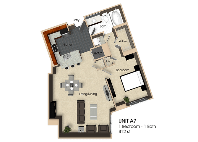 Floor plan for 1 bed, 1 bath, 812 sqft