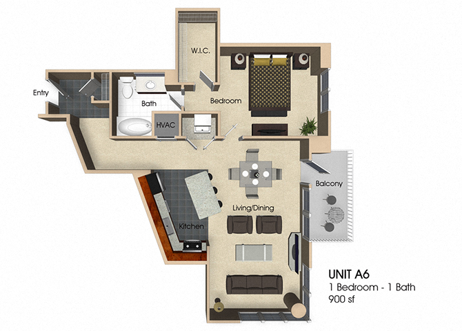 Floor plan for 1 bed, 1 bath, 900 sqft