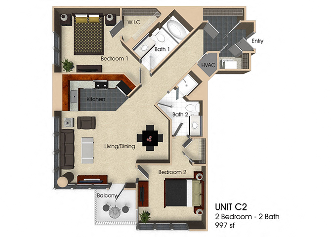 Floor plan for 2 beds, 2 baths, 997 sqft