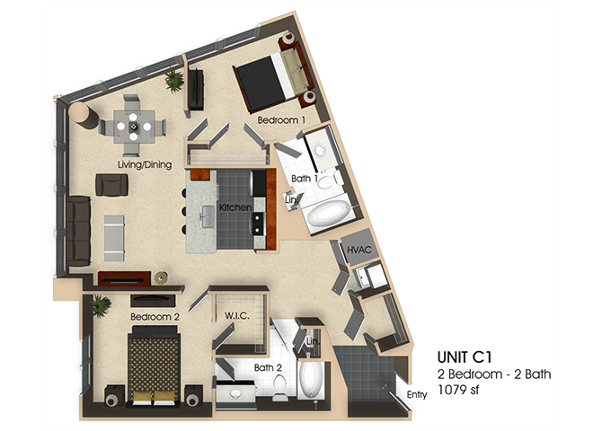 Floor plan for 2 beds, 2 baths, 1079 sqft
