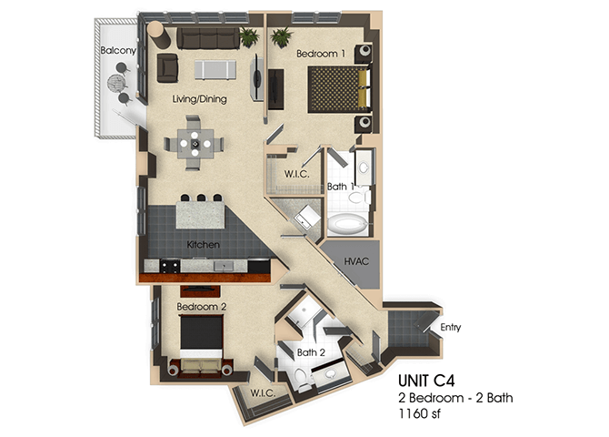 Floor plan for 2 beds, 2 baths, 1160 sqft