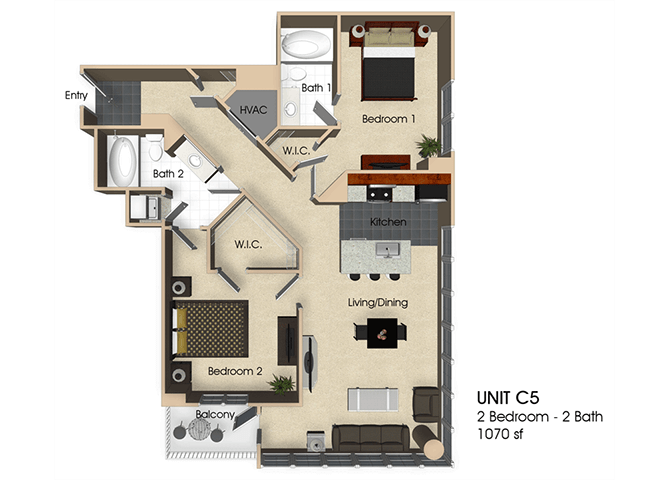 Floor plan for 2 beds, 2 baths, 1070 sqft