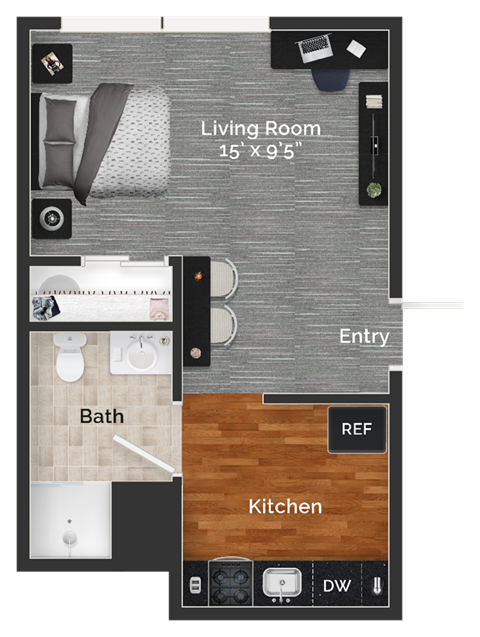 Floor plan for studio, 1 bath, 411 sqft