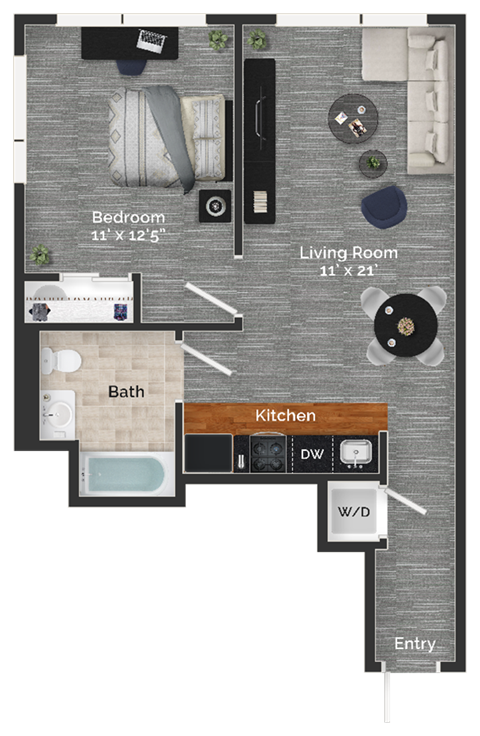 Floor plan for 1 bed, 1 bath, 490 sqft