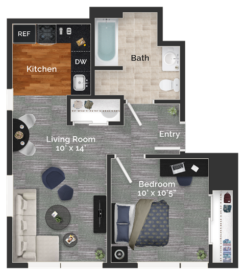 Floor plan for 1 bed, 1 bath, 600 sqft