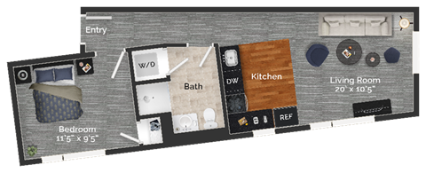 Floor plan for 1 bed, 1 bath, 478 sqft