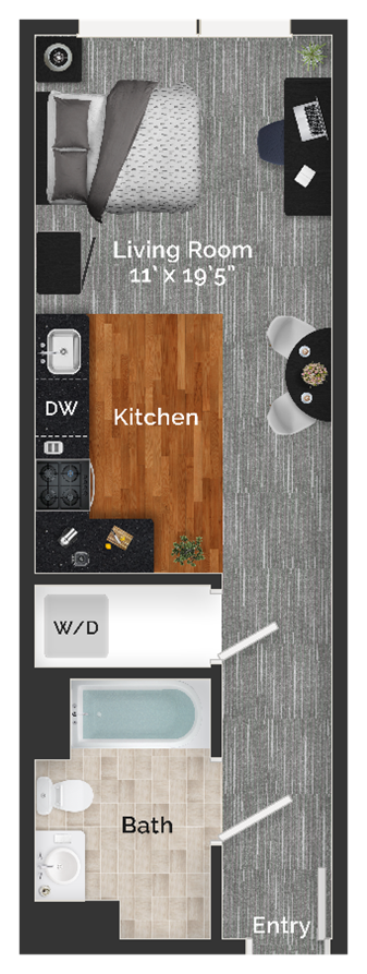 Floor plan for studio, 1 bath, 383 sqft