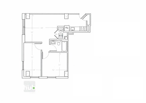 Floor plan for 2 beds, 1 bath, 698 sqft