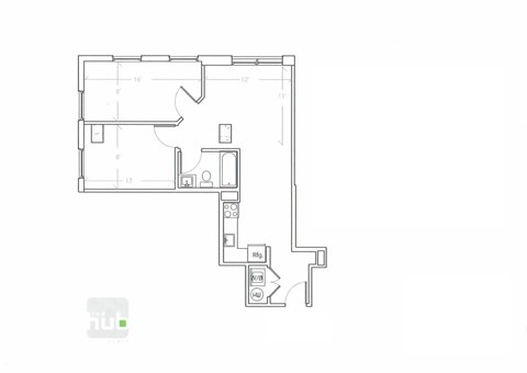 Floor plan for 2 beds, 1 bath, 686 sqft