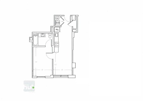 Floor plan for 1 bed, 1 bath, 500 sqft