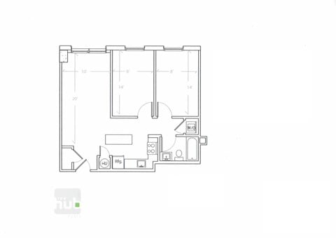 Floor plan for 2 beds, 1 bath, 703 sqft