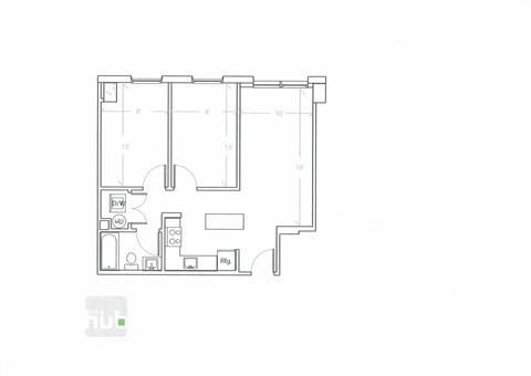 Floor plan for 2 beds, 1 bath, 677 sqft