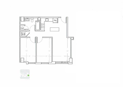 Floor plan for 2 beds, 1 bath, 713 sqft
