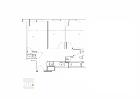 Floor plan for 2 beds, 1 bath, 633 sqft