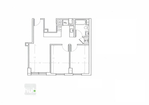 Floor plan for 2 beds, 1 bath, 665 sqft