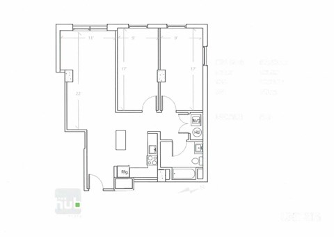 Floor plan for 2 beds, 1 bath, 870 sqft