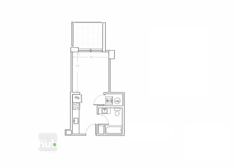 Floor plan for studio, 1 bath, 338 sqft