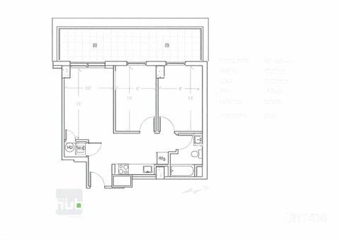Floor plan for 2 beds, 1 bath, 633 sqft
