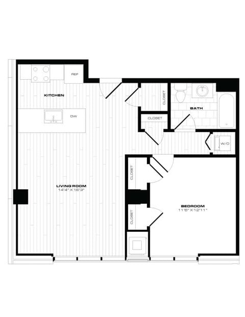Floor plan for 1 bed, 1 bath, 775 sqft