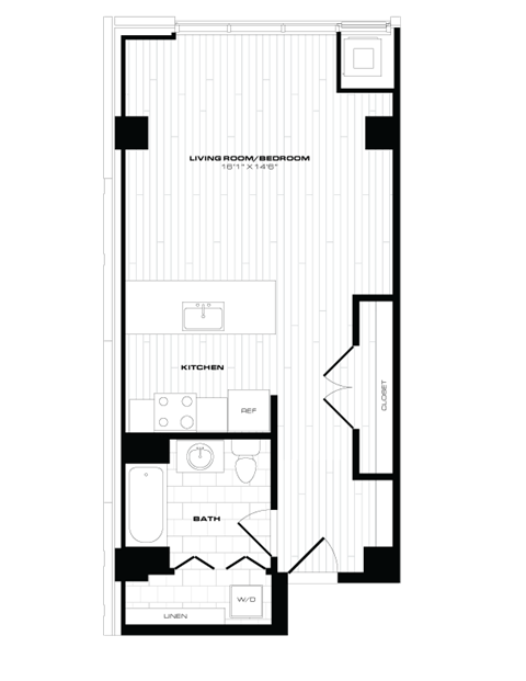 Floor plan for studio, 1 bath, 623 sqft