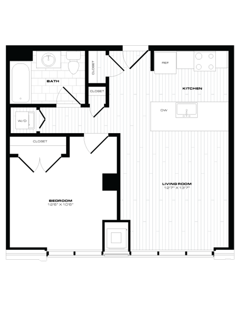 Floor plan for 1 bed, 1 bath, 636 sqft