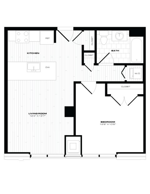 Floor plan for 1 bed, 1 bath, 636 sqft