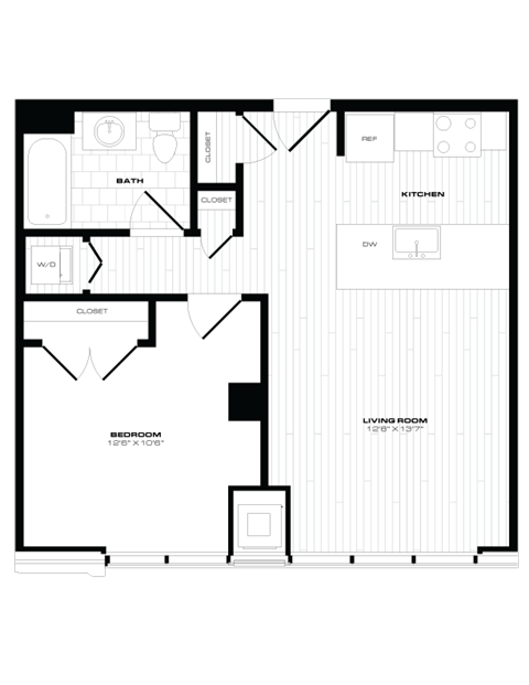 Floor plan for 1 bed, 1 bath, 636 sqft