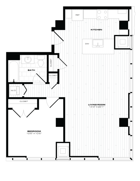 Floor plan for 1 bed, 1 bath, 862 sqft
