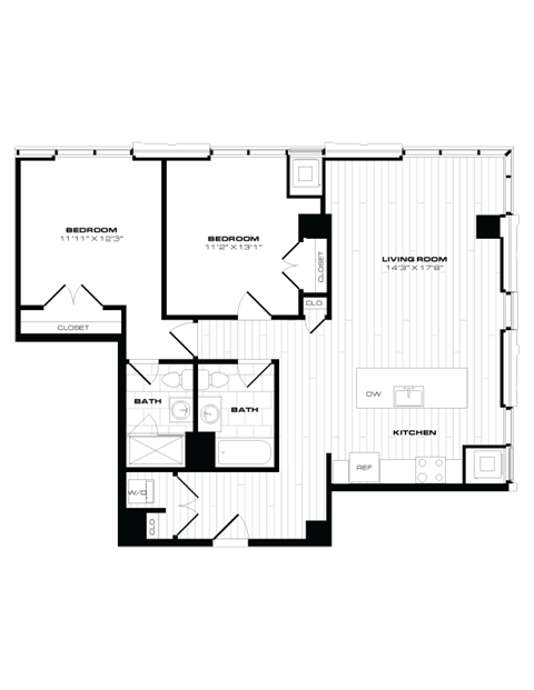 Floor plan for 2 beds, 2 baths, 1168 sqft