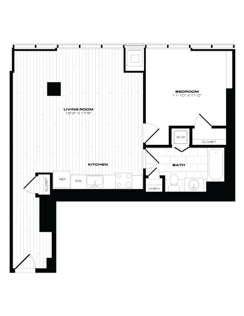 Floor plan for 1 bed, 1 bath, 803 sqft
