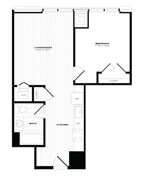 Floor plan for 1 bed, 1 bath, 665 sqft