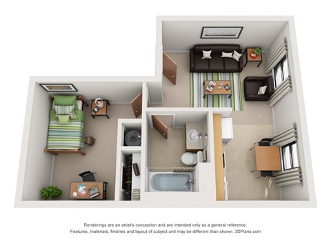 Floor plan for 1 bed, 1 bath, 300 sqft