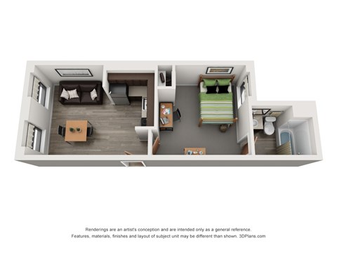 Floor plan for 1 bed, 1 bath, 350 sqft