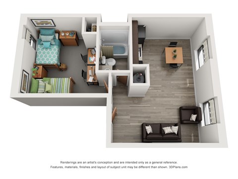 Floor plan for 1 bed, 1 bath, 385 sqft