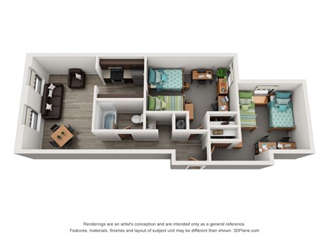 Floor plan for 2 beds, 1 bath, 381 sqft