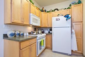 Longmont apartment for rent - A kitchen with wooden cabinets and a white refrigerator.