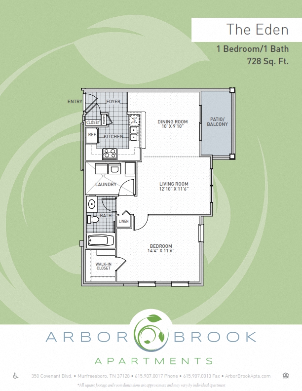 Floor plan for 1 bed, 1 bath, 728 sqft