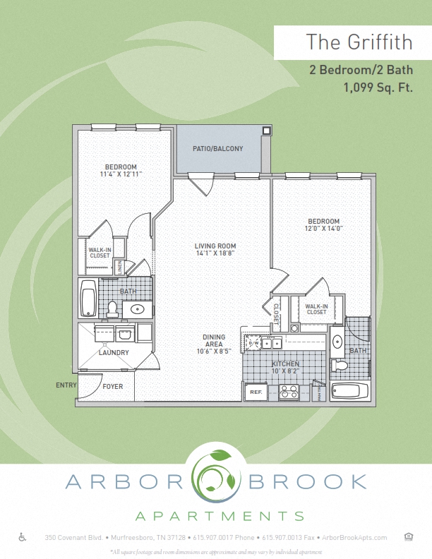 Floor plan for 2 beds, 2 baths, 1099 sqft