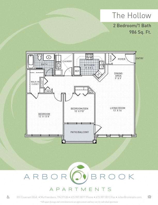 Floor plan for 2 beds, 1 bath, 986 sqft