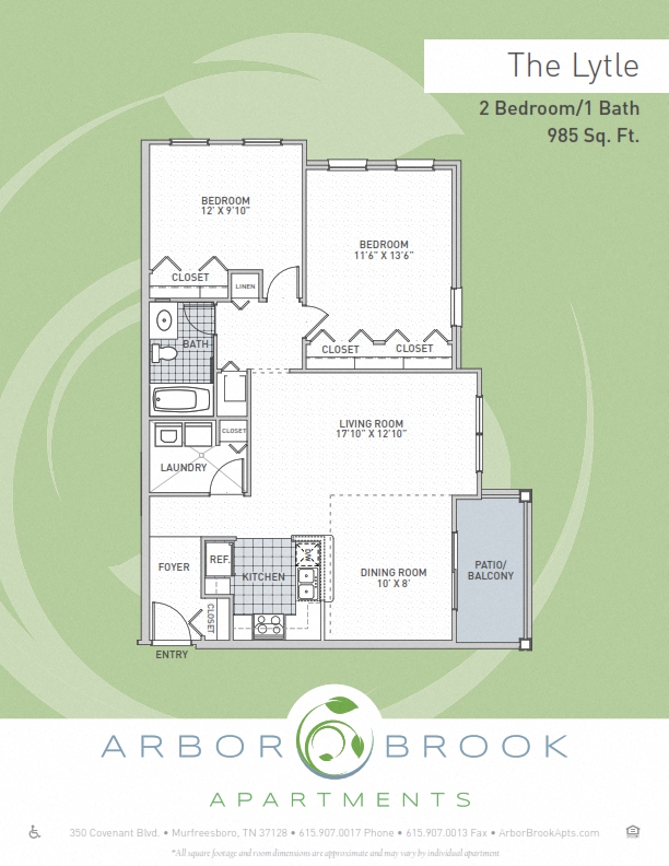 Floor plan for 2 beds, 1 bath, 985 sqft