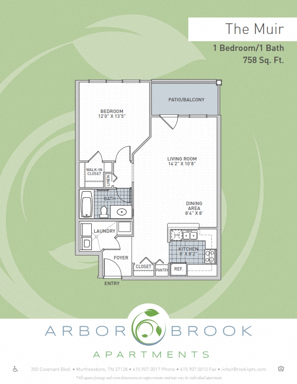 Floor plan for 1 bed, 1 bath, 758 sqft