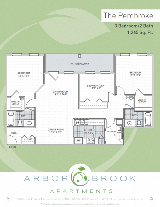 Floor plan for 3 beds, 2 baths, 1265 sqft