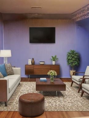 Cambridge house for rent - A living room with a white couch, a coffee table, a chair, a TV, and a plant.