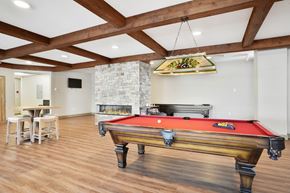 Shelton apartment for rent - A pool table is in the middle of a room with a fireplace and a TV.